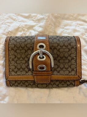 Vintage Coach Brown Signature Canvas Wallet with Leather Trim and Buckle